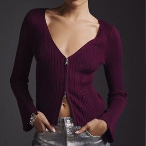 Anthropologie Maeve Sweater Top Purple Long Flare Sleeve Double Zip